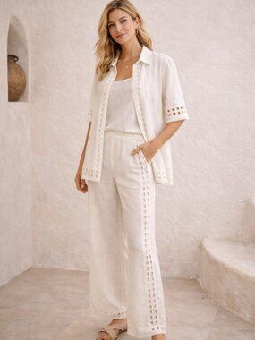 SABO 100% Linen Matching Set Size S White Button Up & Relaxed Straight Leg Pants